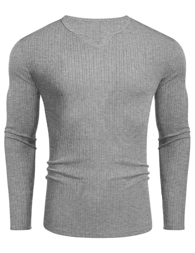 COOFANDY Langarmshirts COOFANDY T-Shirts für Herren Geteilter Kragen Basic T-Shirt Wellenstreifen Muscle Shirt Textured Langarm Shirts Hem