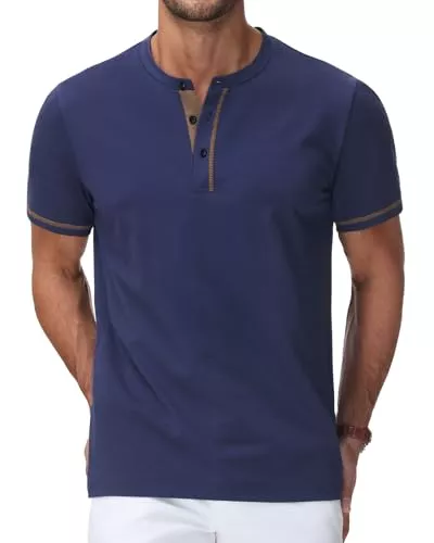 HMIYA T-Shirts HMIYA Henley Kurzarm T-Shirts für Herren Sommerhemd Baumwolle Knopf Color-Blocking-Ärmeln T-Shirt für Männer