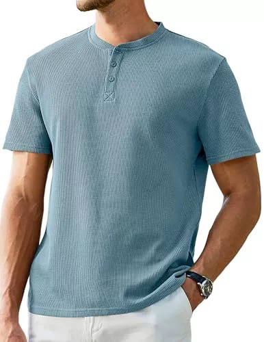 JMIERR T-Shirts JMIERR T-Shirt Herren Waffelmuster Baumwolle Kurzarm Knopf T-Shirt für Männer Alltags-Henley-Hemd