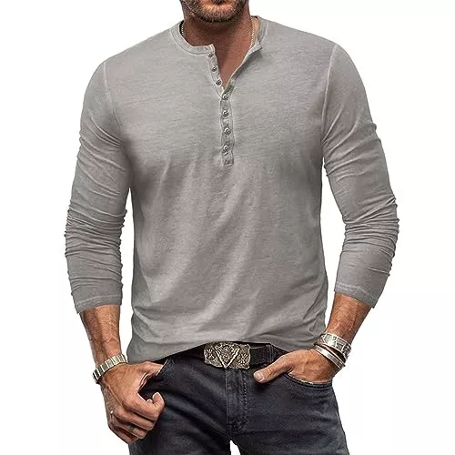 RQPYQF Langarmshirts RQPYQF T Shirt Herren Henley-Ausschnitt T-Shirts Herbst Kurzarm Oberteile Einfarbig Mode Pullover Basic T-Shirt Männer CS07 Größe S-2XL