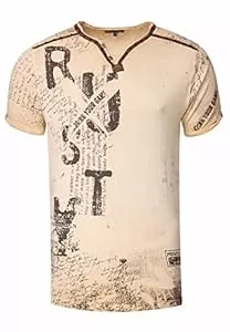 Rusty Neal T-Shirts V-Neck Herren T-Shirt Vinatage Used-Look mit Plakativem Front und Back Print Kurzarm-Shirt Wildleder-Details mit Nieten-Verlauf 289