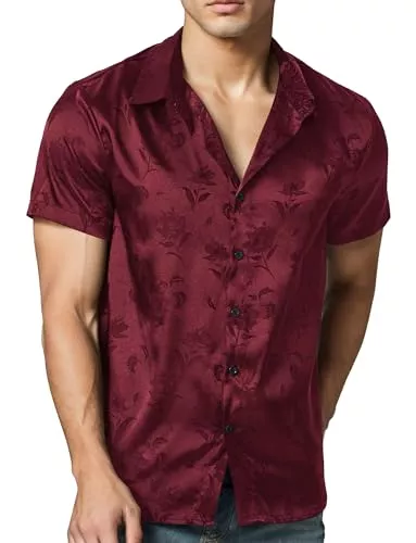 Panegy Hemden Panegy Herren Kurzarmhemden Satin Jacquard lässig Button Down Hemd Sommer Hawaii Stretch Top Hemden