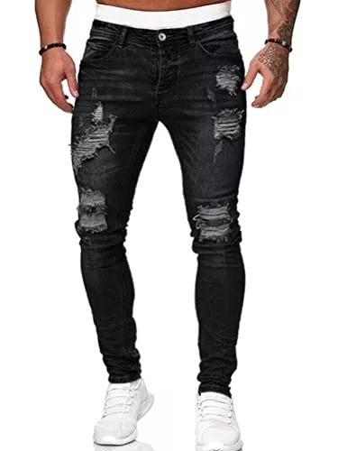 Osheoiso Jeans Osheoiso Herren Destroyed Stretch Jeans Coole Schwarze Mode Jeans Skinny Ripped Slim Fit Hip Hop Hose Mit Löchern Für Männer Reißverschluss Jeans Party Freizeithose
