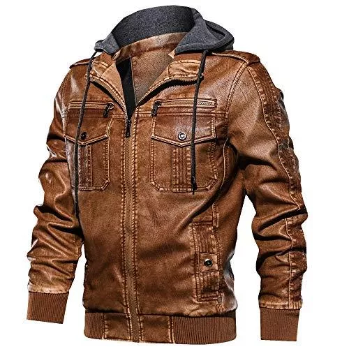 FEDTOSING Jacken FEDTOSING Lederjacke Herren Kunstlederjacke Abnehmbarer Kapuze Cargojacke Winterjacke Slim Fit