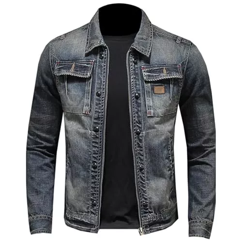 Udbeksid Jacken Udbeksid Jeansjacke Herren mit Reißverschluss Denim Bomberjacke Stehkragen Baumwolle Slim Fit Jeansmantel Biker Style Jeans Jacket Klassisch Cowboy Motorradjacke Trucker-Jacke Vintage-Stil