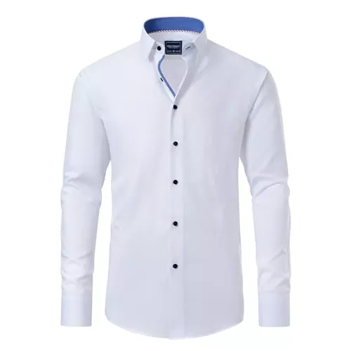 Gollnwe Hemden Gollnwe Herren Langarm Regular Fit Casual Hemden Kontrast Kragen und umwandelbare Manschetten Kleid Hemd