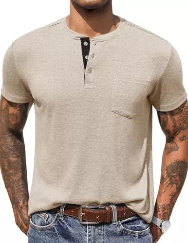 COOFANDY T-Shirts COOFANDY Herren Henley T-Shirt Sommer Kurzarm Shirts für Männer Einfarbig Basic Tee mit Knopfleiste und Tasche