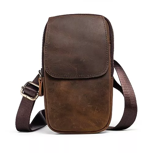 Hengwin Taschen & Rucksäcke Hengwin Multifunktionale Echtleder Doppel Reißverschluss Taschen Männer Vintage Look Umhängetasche Handy Gürtel Tasche Telefon Holster für Reisen, Outdoor Aktivitäten