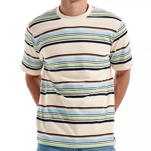 JEEGAL T-Shirts JEEGAL Herren T-Shirt Gestreift Baumwolle Kurzarm Oberteil Mehrfarbig Streifen Freizeit Sommer Casual Top Sport Hemd Basic T-Shirts für Männer