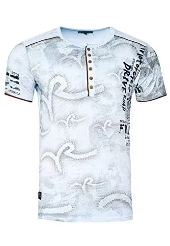 Rusty Neal T-Shirts T-Shirt Herren Knopfleiste Kurzarm Rundhals Tshirt All Over Printed Light Washed Regular Fit 246