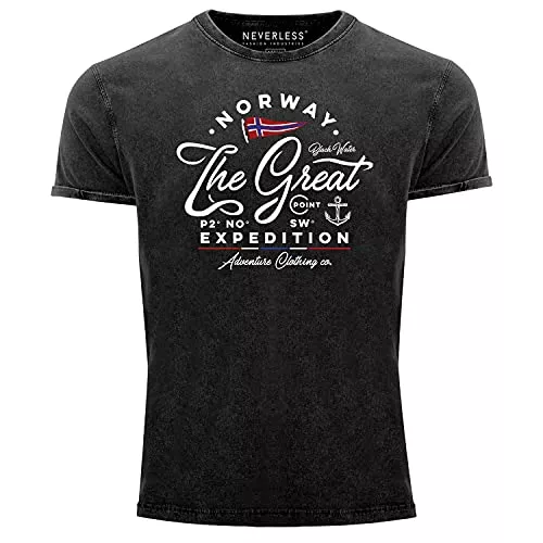 Neverless T-Shirts Neverless®Herren Vintage Shirt Norwegen The Great Expedition Outdoor Adventure Printshirt T-Shirt Aufdruck Used Look