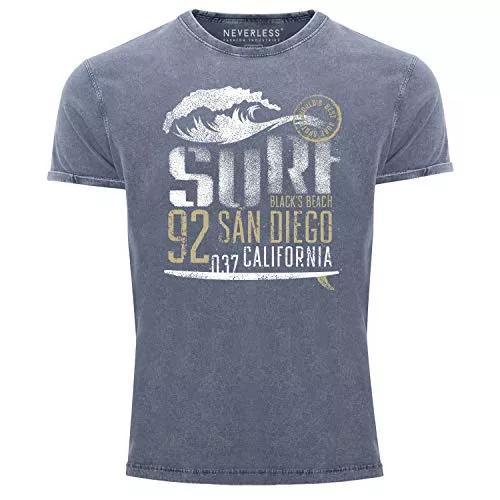 Neverless T-Shirts Neverless® Herren Vintage Shirt Surf California T-Shirt Aufdruck San Diego Welle Used Look Slim Fit