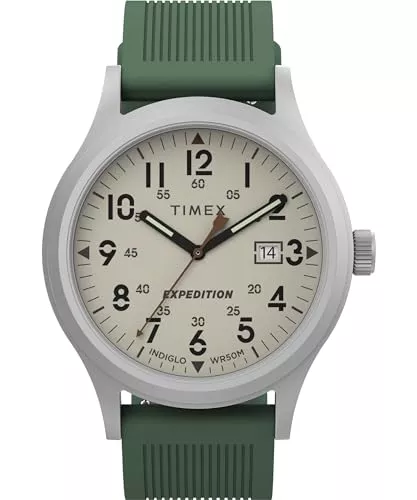 Timex Uhren Timex Expedition Scout Herren-Armbanduhr, 40 mm, schwarzes Gehäuse und Zifferblatt mit olivfarbenem Lederband
