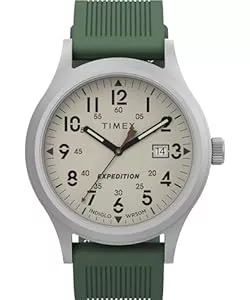 Timex Uhren Timex Expedition Scout Herren-Armbanduhr, 40 mm, schwarzes Gehäuse und Zifferblatt mit olivfarbenem Lederband