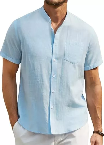 Enlision Hemden Enlision Leinenhemd Herren Kurzarm Sommer Leichtes Leinenhemd Freizeithemden für Herren Kragenloses Leinen Shirt für Geschäft Outdoor S-4XL