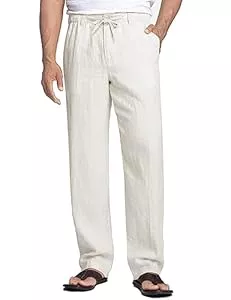COOFANDY Hosen COOFANDY Herren Leinenhose mit Kordelzug Leicht Sommerhose Freizeithose Einfarbig Hose Lang für Männer Strandhose Urlaub Alltag