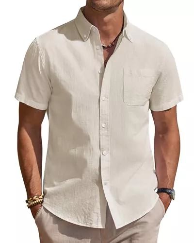 J.VER Hemden J.VER Leinenhemd Herren Kurzarm Hemd Sommer Freizeithemden Herren Casual Beach Shirts Regular Fit Männer Leinen Hemd Button Down Basic Men Shirts mit Brusttasche