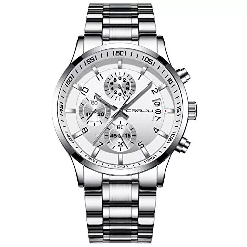 CRRJU Uhren CRRJU Herren Uhr Business Edelstahl wasserdichte Chronographen mit Kalender Armbanduhr Edelstahlband Stoppuhr Analog Quarzuhr