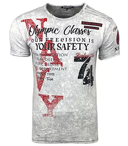 Baxboy T-Shirts Baxboy Herren Kurzarm Rundhals Verwaschen Vintage Used Look T-Shirt Front & Back Print Regular Fit Washed Tshirt Design B-119