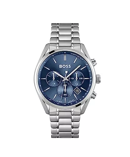 BOSS Uhren BOSS Herren 44mm Chronograph Quarz Uhr Champion Kollektion mit Edelstahl- oder Lederarmband, Datumsfunktion, 3 Sub-Dials, 10ATM Wasserdichtigkeit
