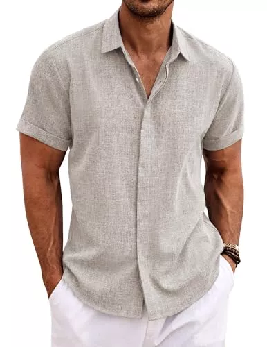 COOFANDY Hemden COOFANDY Leinenhemd Herren Kurzarm Hemd Button Down Regular Fit Freizeithemden Sommer Strand Leinen Shirt