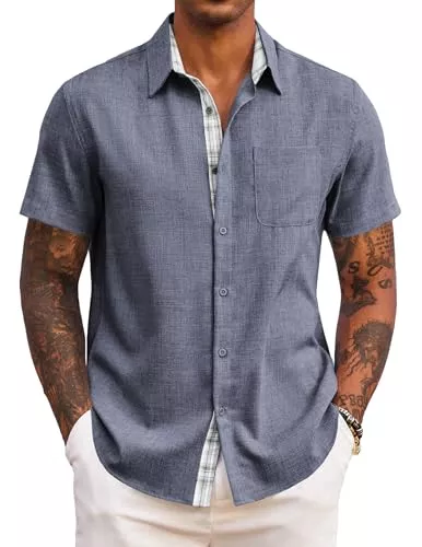 COOFANDY Hemden COOFANDY Herren Hemd Kurzarm Sommer Freizeithemd Regular Fit Casual Strand Hemd mit Karierte Hemdleiste