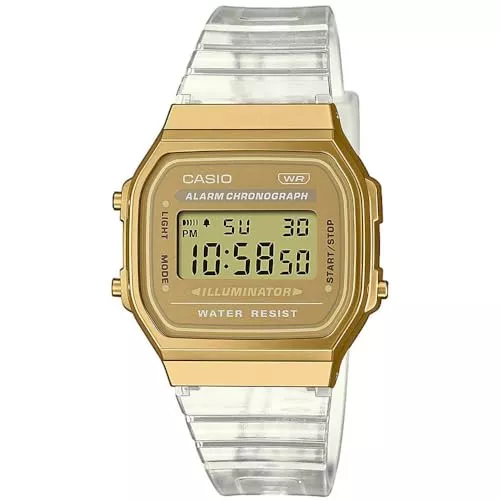 Casio Uhren Casio Unisex Quartz Armbanduhr, 36.00mm GehäusegröÃŸe mit Gold digital Zifferblatt und transparent Plastic/Resin Bracelet Armband A168XESG-9AEF