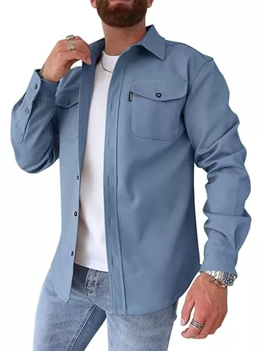 Oanviso Hemden Oanviso Herren Hemdjacke Einfarbig Hemden Button Down Langarm Freizeitjacke Slim Fit Hemd mit Taschen Dickes Hemd Jacke Herbst Modisches Herrenhemd Casual