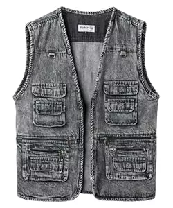 Yukirtiq Westen Yukirtiq Herren Jeansweste Kutte Armellos Jeansjacke mit Multi-Taschen Denim Anglerweste Jeans Bikerweste ohne Kragen Motorrad Weste für Männer