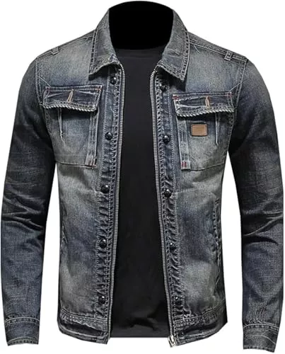 Juankrynord Jacken Juankrynord Herren-Jeansjacke mit Reißverschluss Vintage große Größe Stehkragen Reißverschlussjacke schmale Jeansjacke mit Stehkragen Klassische Jeans-Bikerjacke