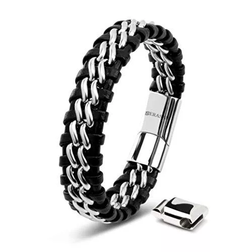 SERASAR Schmuck SERASAR Premium Echtlederarmband für Männer [Steel] in Schwarz | Magnetverschluss aus Edelstahl in Schwarz, Silber &amp; Gold | Inklusive Schmuckschachtel | Tolle Geschenkidee