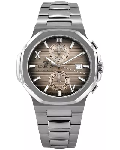 LOUIS XVI Uhren LOUIS XVI Renaissance Chrono 1673 - Ø 40 mm - Herren Uhr - Wasserdicht - Uhr mit Saphirglas - Armband Silber - Zifferblatt Mocha Braun - Schweizer Quarzwerk