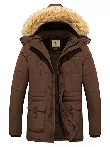 WenVen Jacken WenVen Herren Winter Lässiger Fleece Mäntel Klassische Baumwolle Outdoorjacke Kunstpelz Kapuze Mäntel Mittellange Winddichte Parka