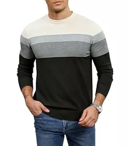 Genfien  Genfien Pullover Herren Rundhalsausschnitt Strickpullover Feinstrick Streifenpullover Regular Fit Basic 100% Baumwolle