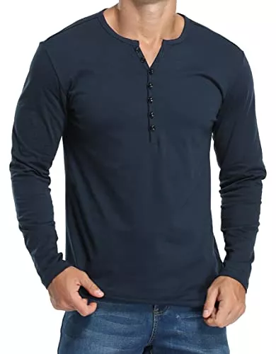 HAUSEIN Langarmshirts Herren Henley Shirts Langarmshirt Casual T Shirt Slim Fit Knöpfe Basic T-Shirts
