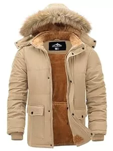 Peakwell Jacken Peakwell Herren Gefütterte Winterjacke Winddichter Parka Übergangsjacke Warme Outdoor Arbeitsjacke mit Abnehmbarer Kapuze und Verstellbarem Taillenkordelzug