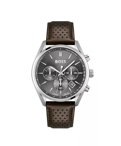BOSS Uhren BOSS Herren 44mm Chronograph Quarz Uhr Champion Kollektion mit Edelstahl- oder Lederarmband, Datumsfunktion, 3 Sub-Dials, 10ATM Wasserdichtigkeit