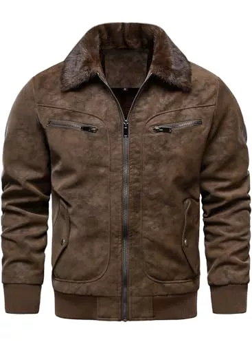 HOOD CREW Jacken HOOD CREW Herren Kunstpelz Bomberjacke Fleece Gefütterte Winterjacke Vintage Kunstleder Jacke Mit Pelzkragen