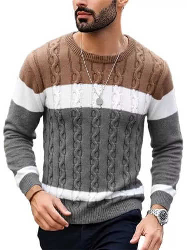 seiveini Pullover & Strickmode seiveini Gestreift Pullover Herren Zopfmuster Strickpullover Langarm Rundhals Arbeitpullover Männer Winter Warm Pulli Sweater