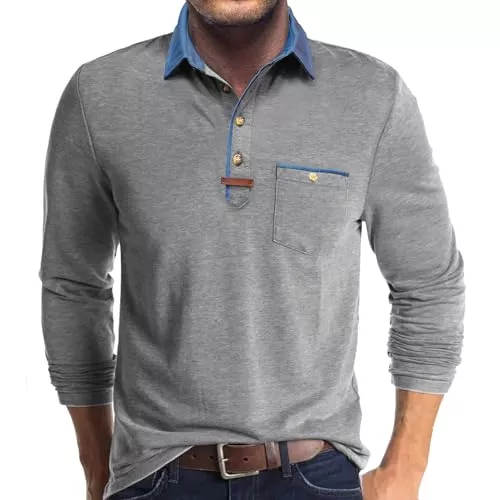 Misfuso Pullover & Strickmode Poloshirt Herren Langarm Leichtes Langarmshirt Mit Tasche Polo Klassisches Herbst Winter Kragen Shirts Herren Mit Polokragen Casual Polo Hemd