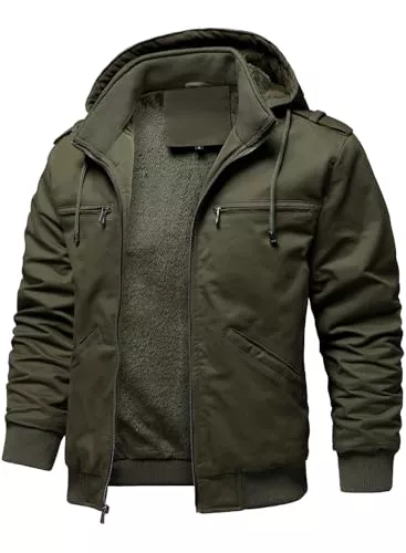 HOOD CREW Jacken HOOD CREW Winterjacken für Herren Warme Fleecejacke Baumwolle Mantel mit Kapuze Übergangsjacke Militär Cargojacke mit Taschen