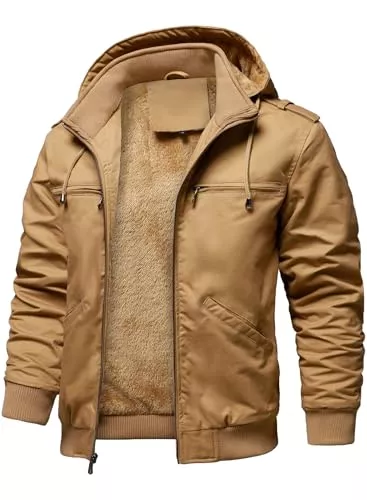 HOOD CREW Jacken HOOD CREW Winterjacken für Herren Warme Fleecejacke Baumwolle Mantel mit Kapuze Übergangsjacke Militär Cargojacke mit Taschen