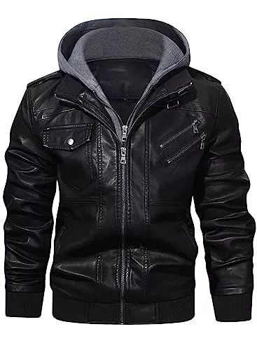 HOOD CREW Jacken HOOD CREW Lässige Biker Lederjacke aus Kunstleder für Herren mit abnehmbarer Kapuze