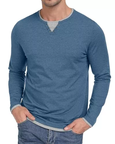 Hisir Langarmshirts Hisir T Shirt Herren Henley Shirt Baumwolle Langarm Regular Fit Layered Kontrastfarbenes Design Casual T-Shirts für Herbst und Winter