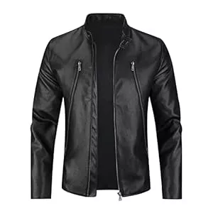 Sliktaa  Sliktaa Herren Jacke aus Kunstleder mit Stehkragen Übergangsoberteil Lässig Motorrad Piloten Reißverschluss Casual Klassisch Lederjacke