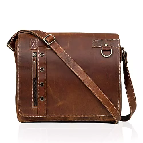 Ruzioon Taschen & Rucksäcke Ruzioon Vintage Umhängetasche aus Leder für Damen und Herren, Laptoptasche mit Fach, Braun, 30 cm (L) x 25 cm (H) x 8 cm (B)