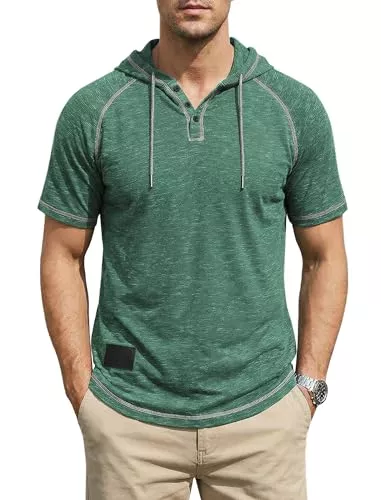 Aulemen T-Shirts Aulemen Kapuzenshirt Herren Kurzarm T Shirt mit Kapuze Herren &amp; Knopfleiste Sport Hoodies T-Shirt Henley Sport Fitness &amp; Freizeit M-3XL