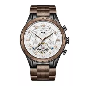 VICVS  VICVS Natürliche Walnuss-Automatik-Herrenuhr aus Holz, Geschäft, Datum, Tag, multifunktionale Automatik-Holzuhr