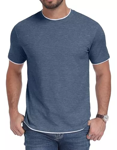 Hisir T-Shirts Hisir Herren T-Shirt 95% Baumwolle 5% Spandex Kurzarm Rundhals mit Kontrastrand Weiches Tee Shirt Klassische Passform für Sommer &amp; Alltag