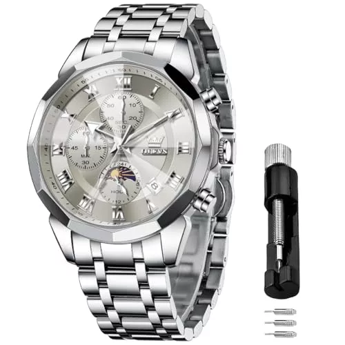 OLEVS Uhren OLEVS Männer Uhr Quarz Luxus Business Uhren Multifunktion Chronograph Mondphase wasserdicht Leuchtend Edelstahl Armbanduhr